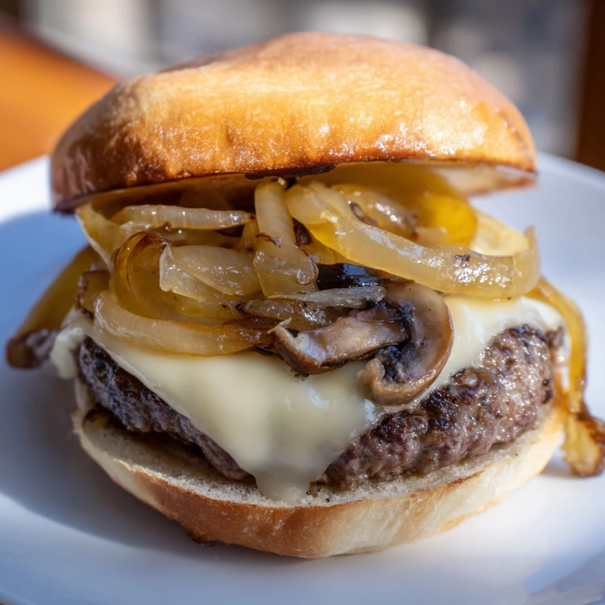 A juicy beef burger with caramelized onions, sautéed mushrooms, and melted Swiss cheese on a toasted bun.