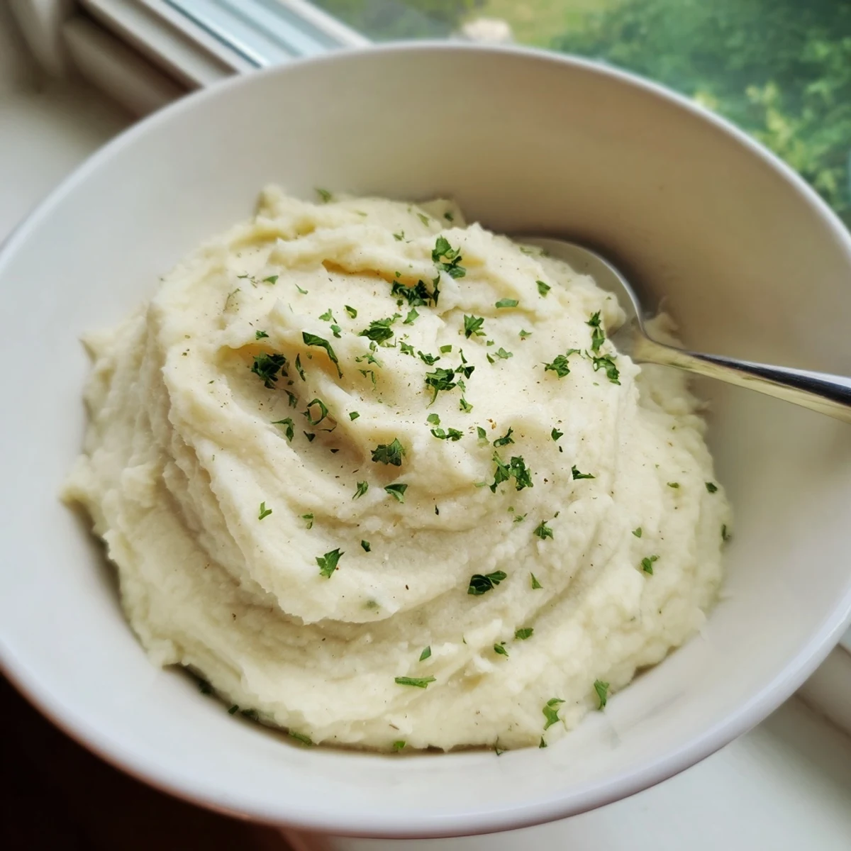 This close-up shows smooth, velvety Roasted Garlic Mashed Cauliflower in a rustic bowl, perfect for family dinners.