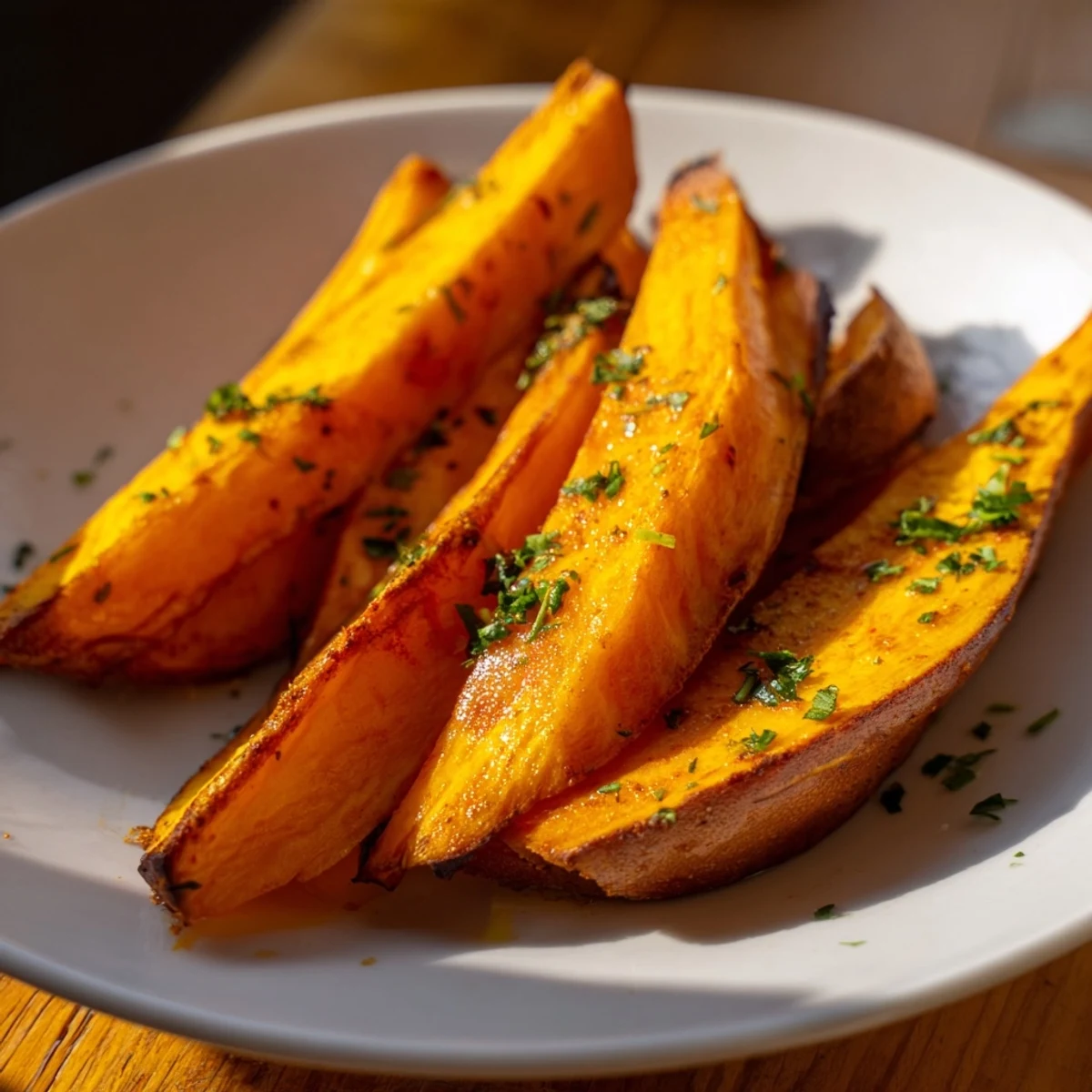 Golden-brown Roasted Sweet Potato Wedges with Paprika arranged on a baking sheet, showing crispy edges and fluffy centers.