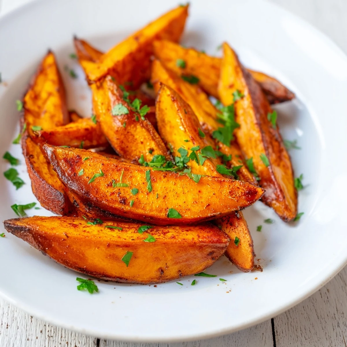 A plate of seasoned Roasted Sweet Potato Wedges with Paprika served with a creamy yogurt dip for a gluten-free snack.