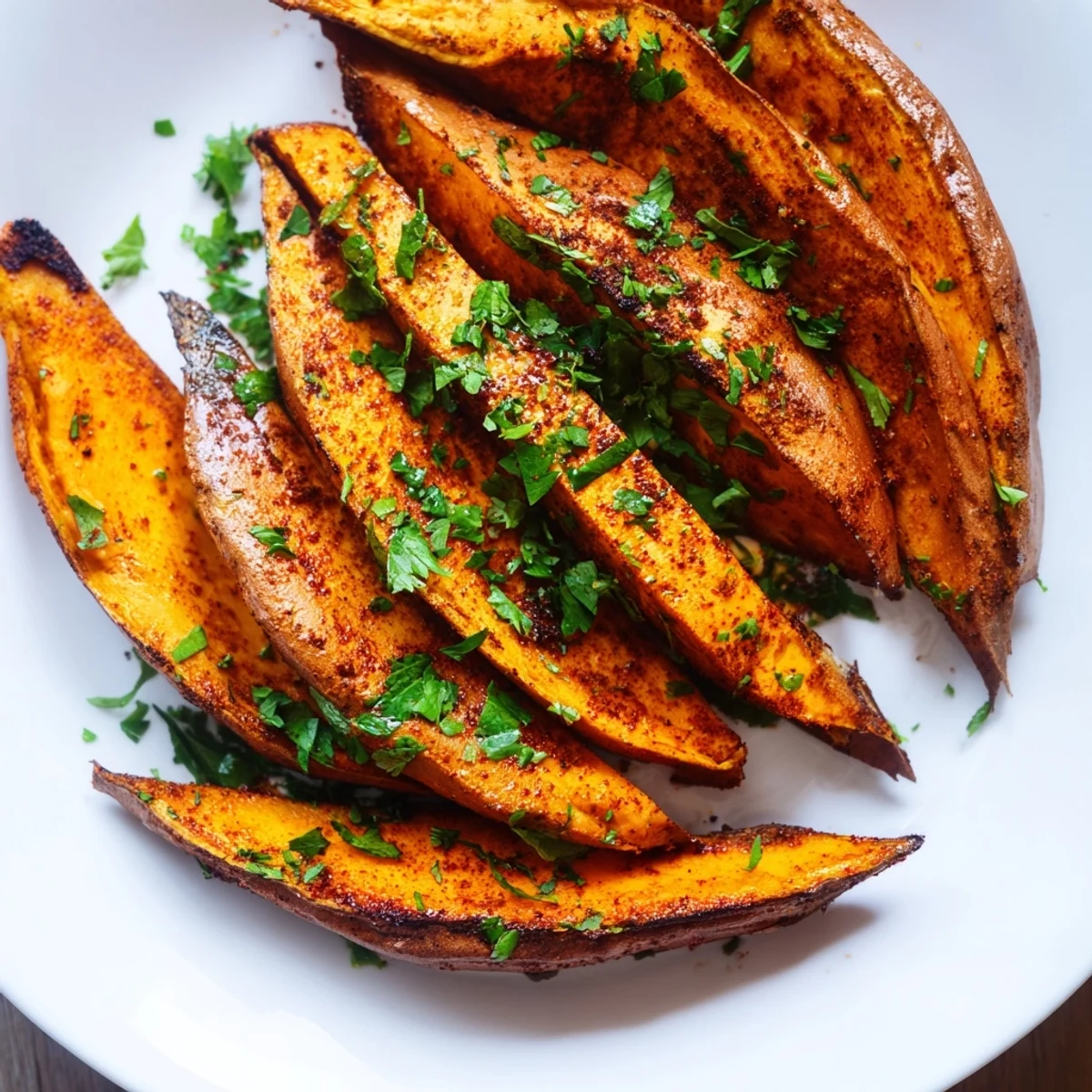 Roasted Sweet Potato Wedges with Paprika garnished with fresh parsley and lemon wedges, perfect for a vegetarian side dish.