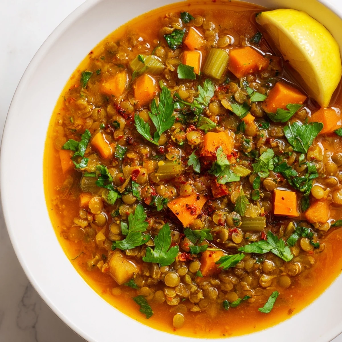 A steaming bowl of Spicy Lentil Soup with Carrots and Celery, garnished with cilantro and a lemon wedge, served beside crusty artisan bread.