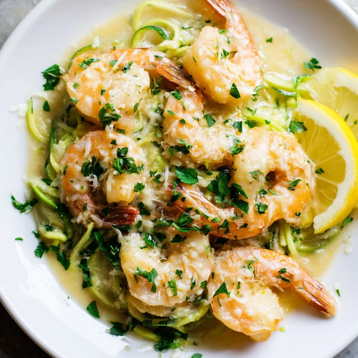 Close-up of succulent shrimp and spiralized zucchini noodles coated in a rich, garlicky cream sauce, steaming in a skillet.