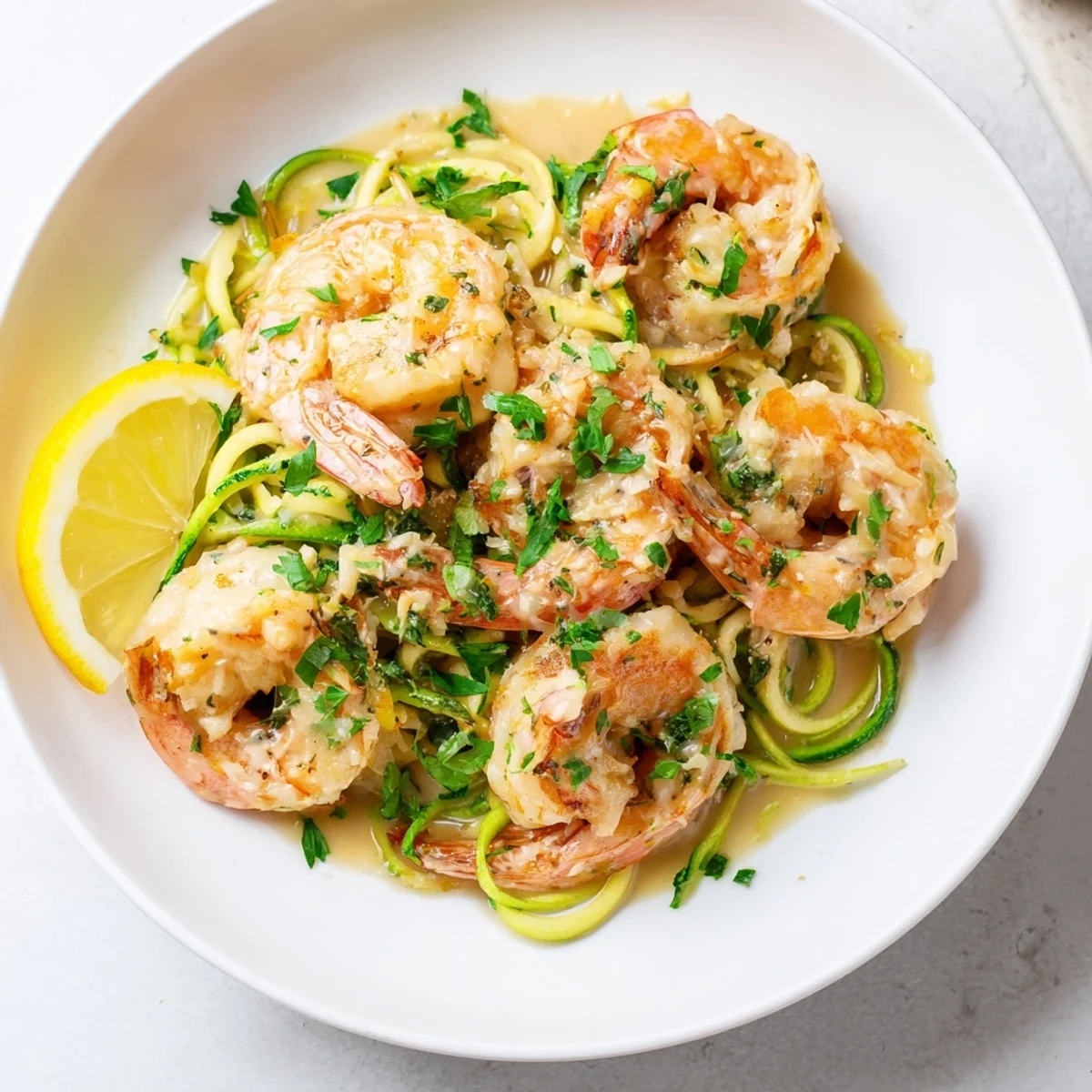 Creamy Garlic Shrimp with Zucchini Noodles served in a white bowl, garnished with fresh parsley and lemon wedges for a bright, low-carb finish.