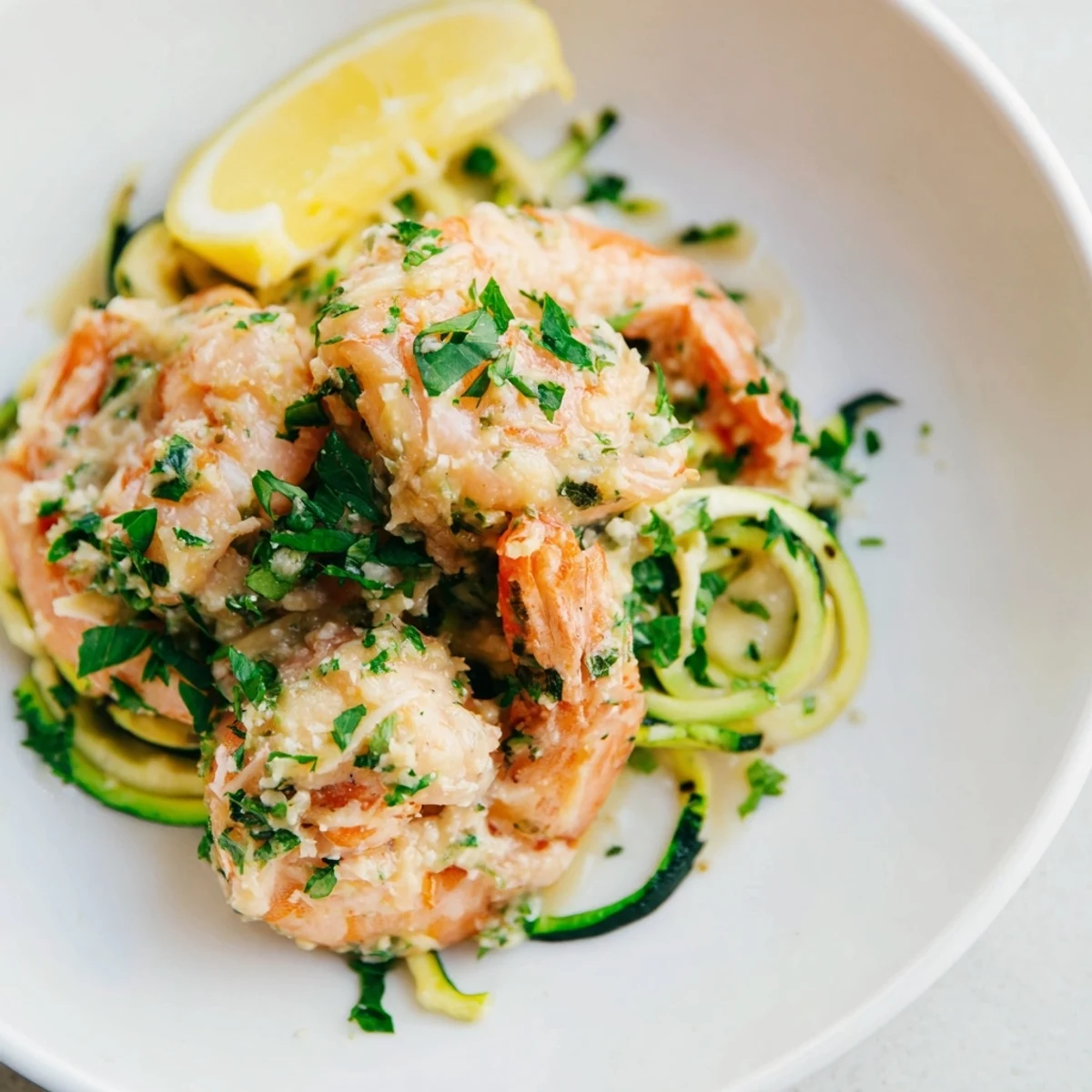 A fork lifting tender zucchini noodles and shrimp from a creamy Garlic Shrimp dish, paired with a glass of white wine.