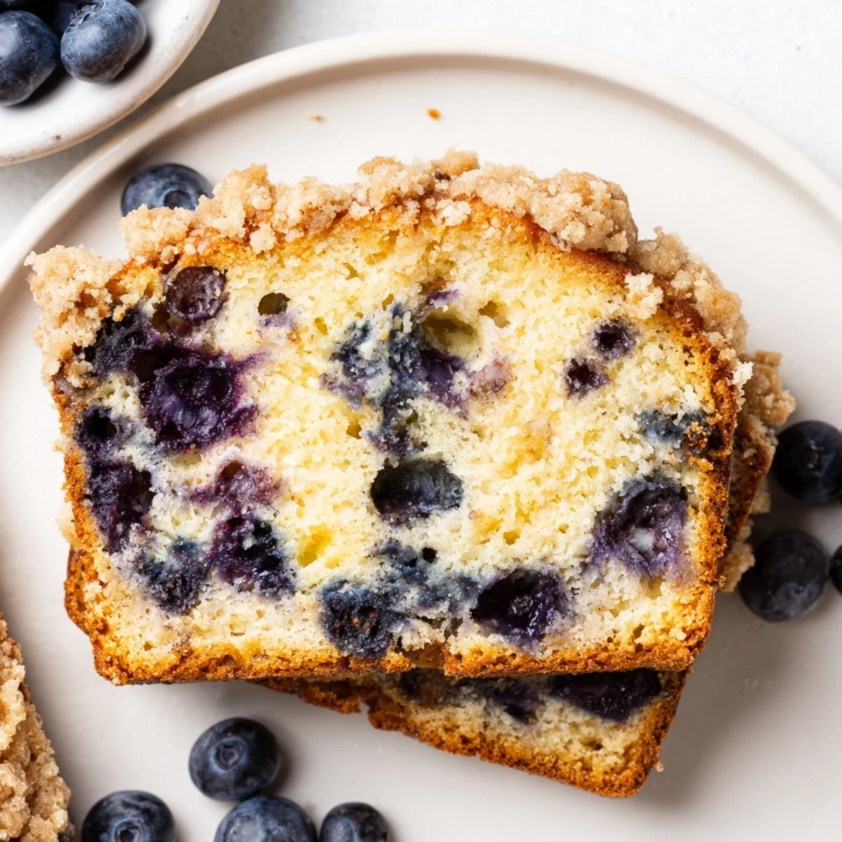 Freshly baked Lemon Blueberry Bread with Streusel Topping, showing golden crumbs and purple berries on a wooden board.