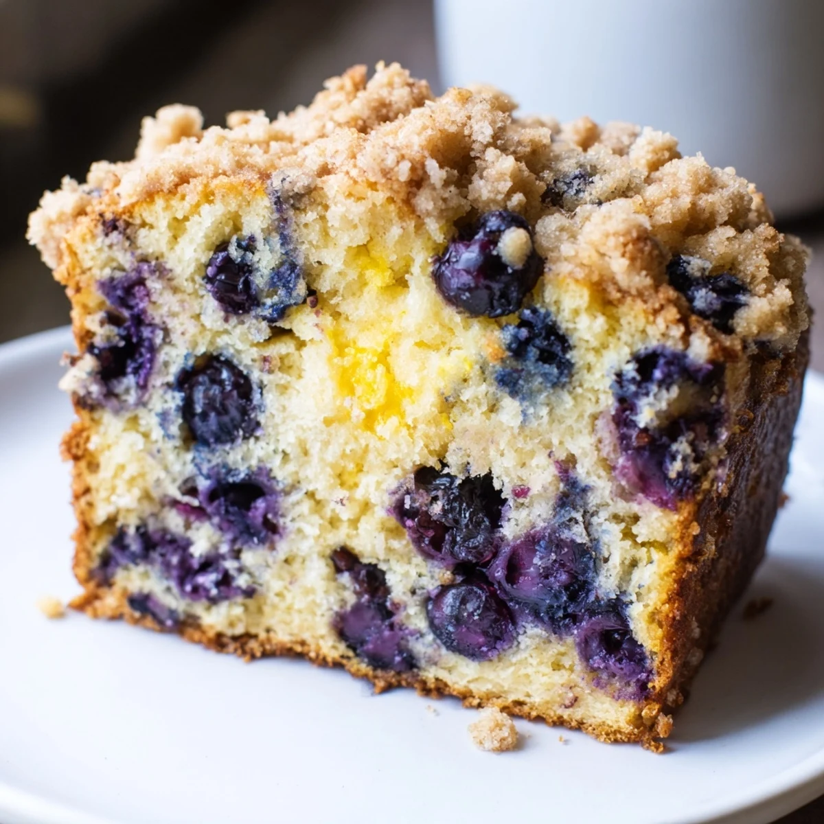 A slice of warm Lemon Blueberry Bread with Streusel Topping on a plate, revealing moist crumb and melted butter.
