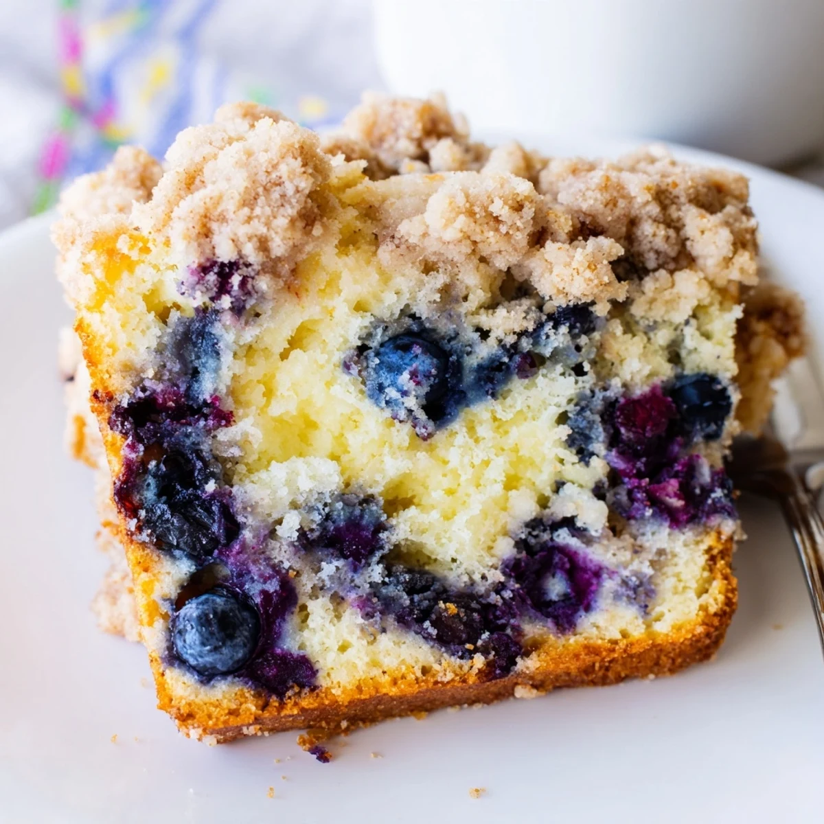 Morning coffee alongside a whole Lemon Blueberry Bread with Streusel Topping on a rustic kitchen counter.
