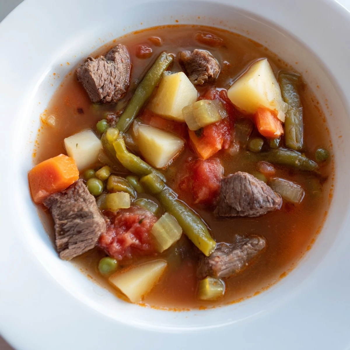 A hearty bowl of Beef Vegetable Soup with Potatoes, loaded with tender beef chunks and vibrant veggies in a rich broth.