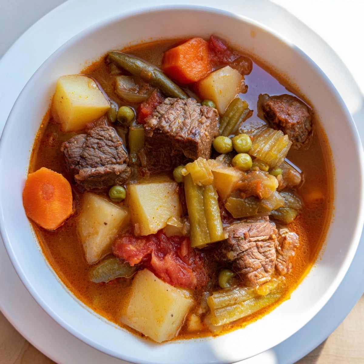 Beef Vegetable Soup with Potatoes simmering in a large Dutch oven, featuring carrots, celery, and fresh herbs for a rustic dinner.