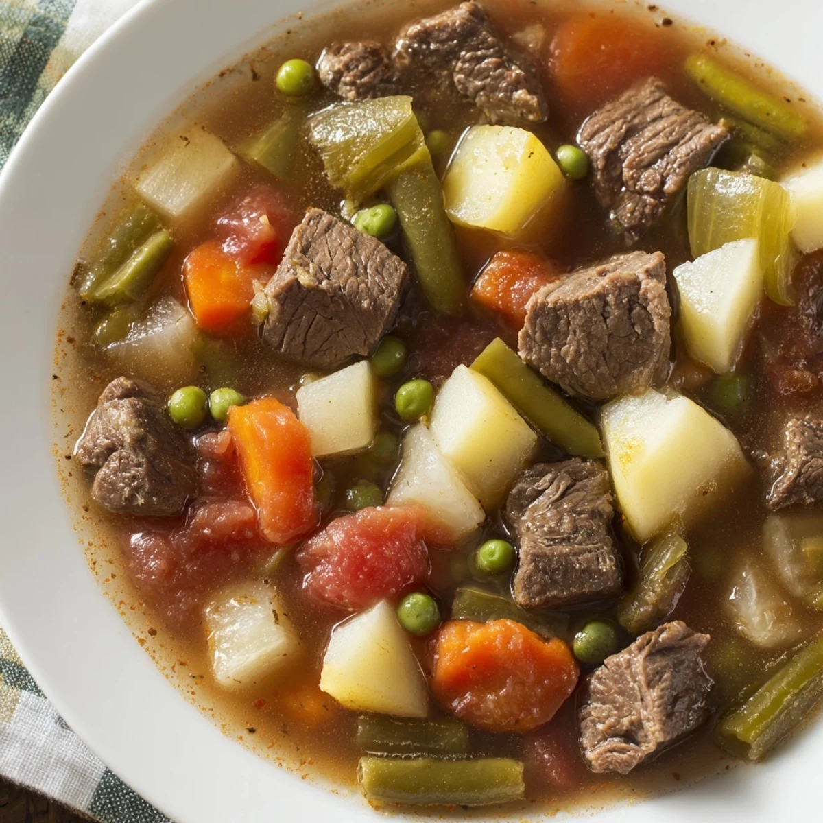Close up on a ladle of Beef Vegetable Soup with Potatoes, showing tender beef and chunky potatoes ready to be served hot.