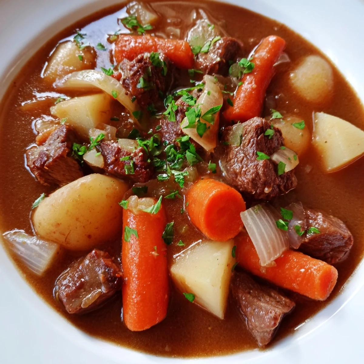 A close-up of Irish Beef and Vegetable Stew served in a rustic bowl with parsley.