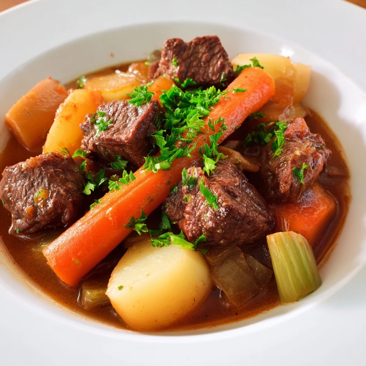 Hearty Irish Beef and Vegetable Stew featuring rich broth, potatoes, and root vegetables.