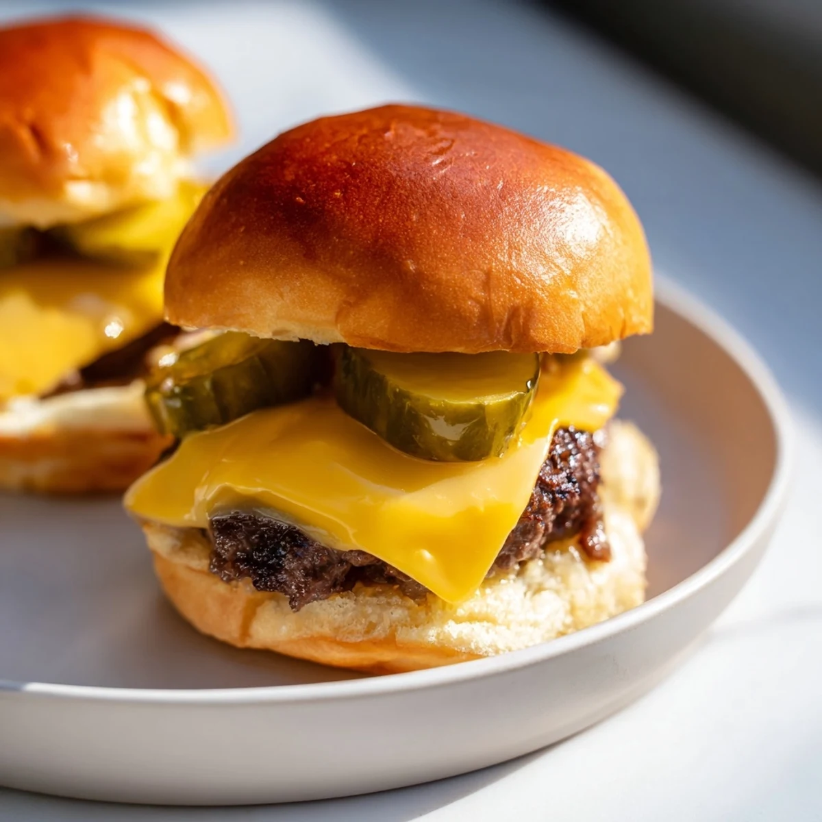 Juicy mini beef patties with melted cheddar and tangy dill pickles on toasted slider buns for game day.