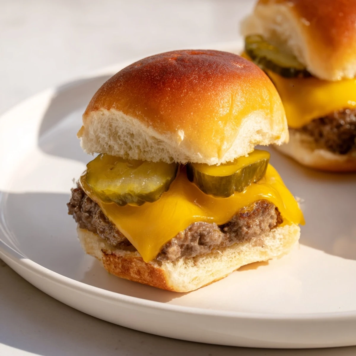Golden brown beef sliders featuring gooey cheese and crisp pickles stacked on buttered mini buns at a backyard party.