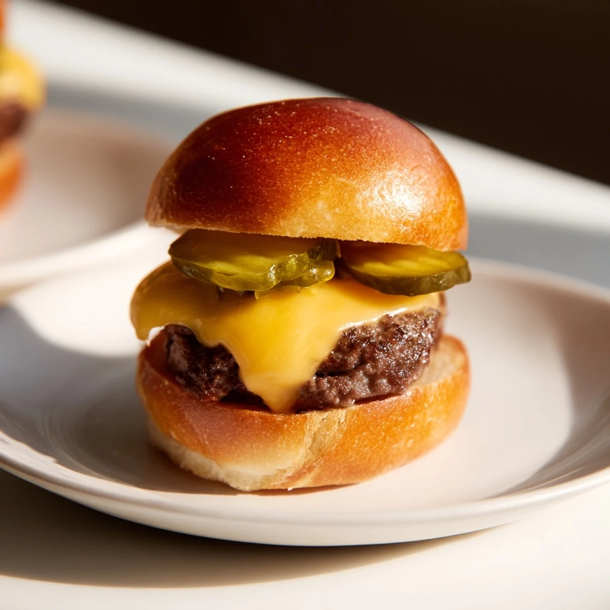 Sizzling mini beef burgers with sharp cheddar and bright pickles served on soft toasted buns, perfect for gatherings.