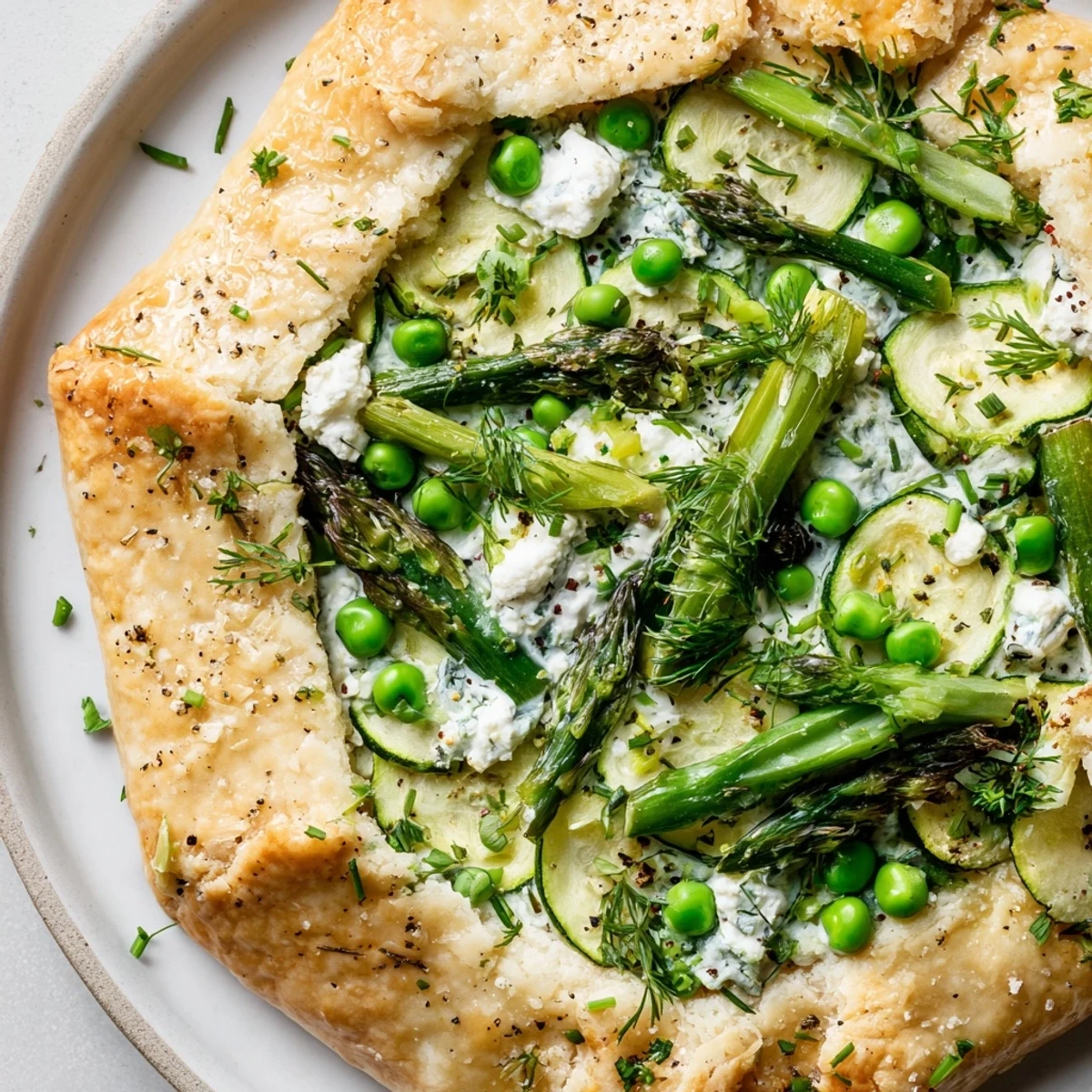 Fresh spring vegetables atop a Spring Vegetable Galette with creamy goat cheese, baked golden on a rustic tray. 