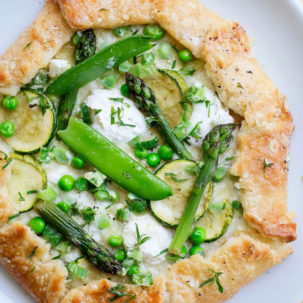 A close-up of Spring Vegetable Galette with goat cheese, asparagus, snap peas, and peas on a baking sheet. 