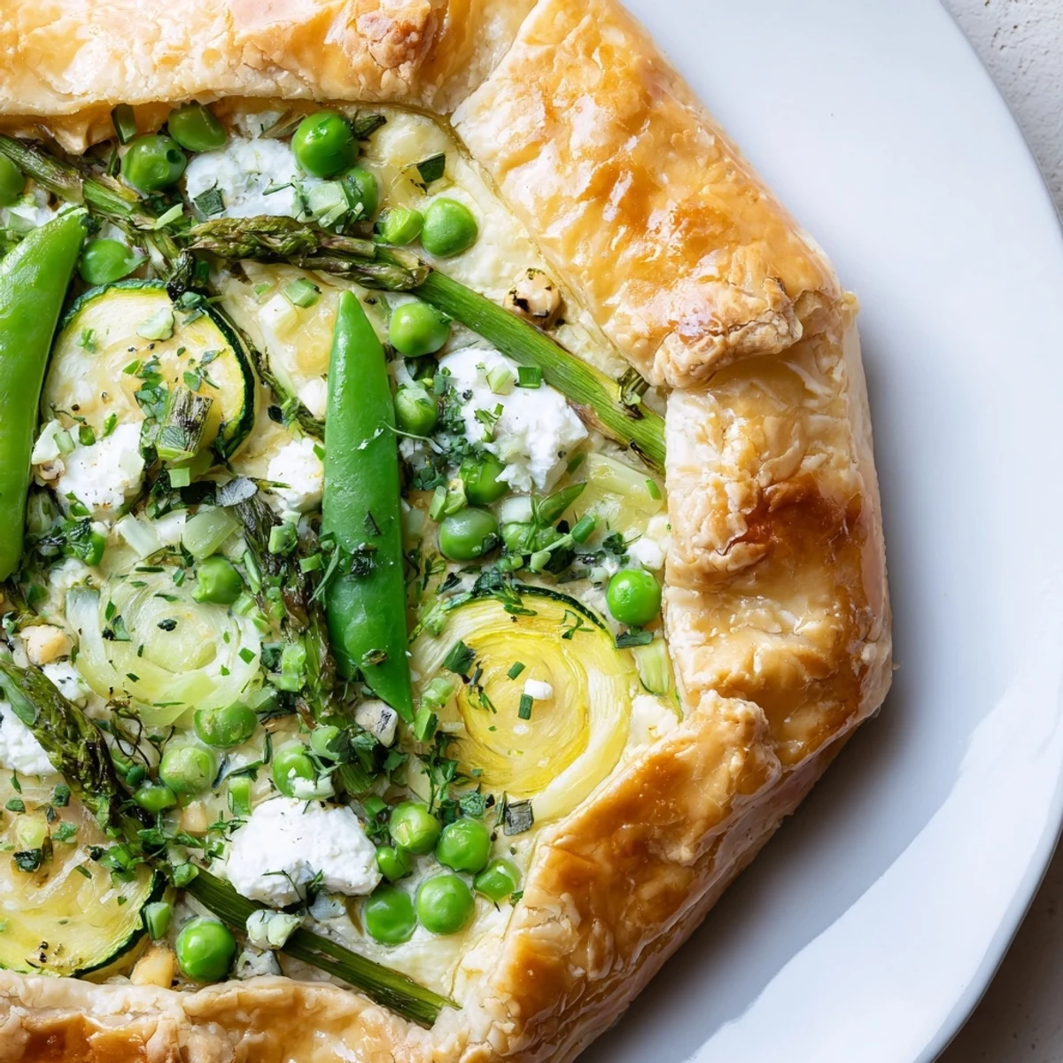 Spring Vegetable Galette with goat cheese and vibrant veggies, served warm on a wooden board for spring brunch.