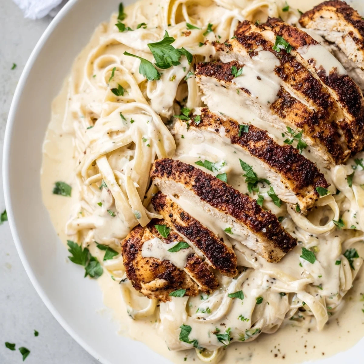 Cajun Blackened Chicken Alfredo platter garnished with parsley, ready for a weeknight dinner on a rustic kitchen table.