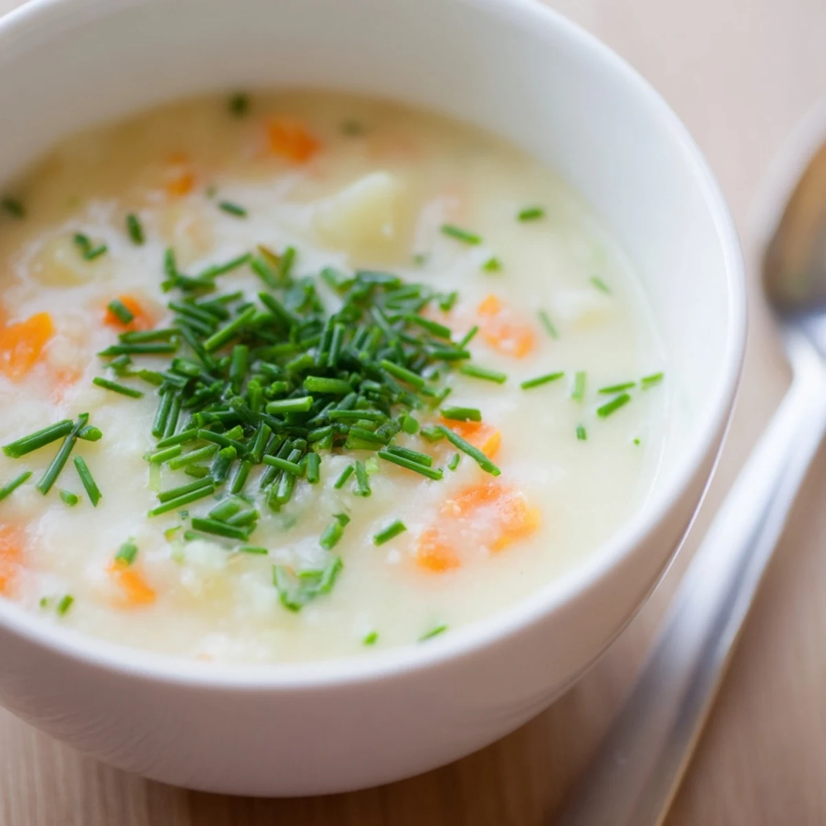 Creamy Potato Soup with Chives garnished with fresh chives in a rustic bowl.