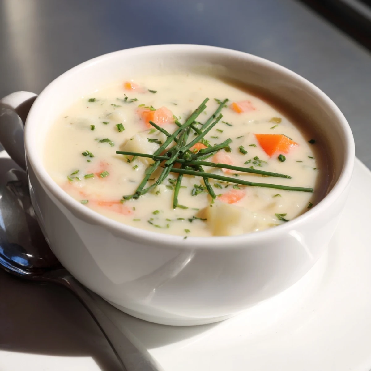 Creamy Potato Soup with Chives served warm with a crusty bread side.