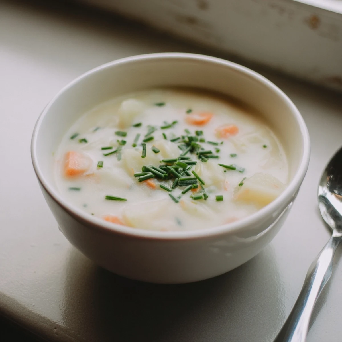 Velvety Creamy Potato Soup with Chives topped with fresh herbs for a comforting meal.
