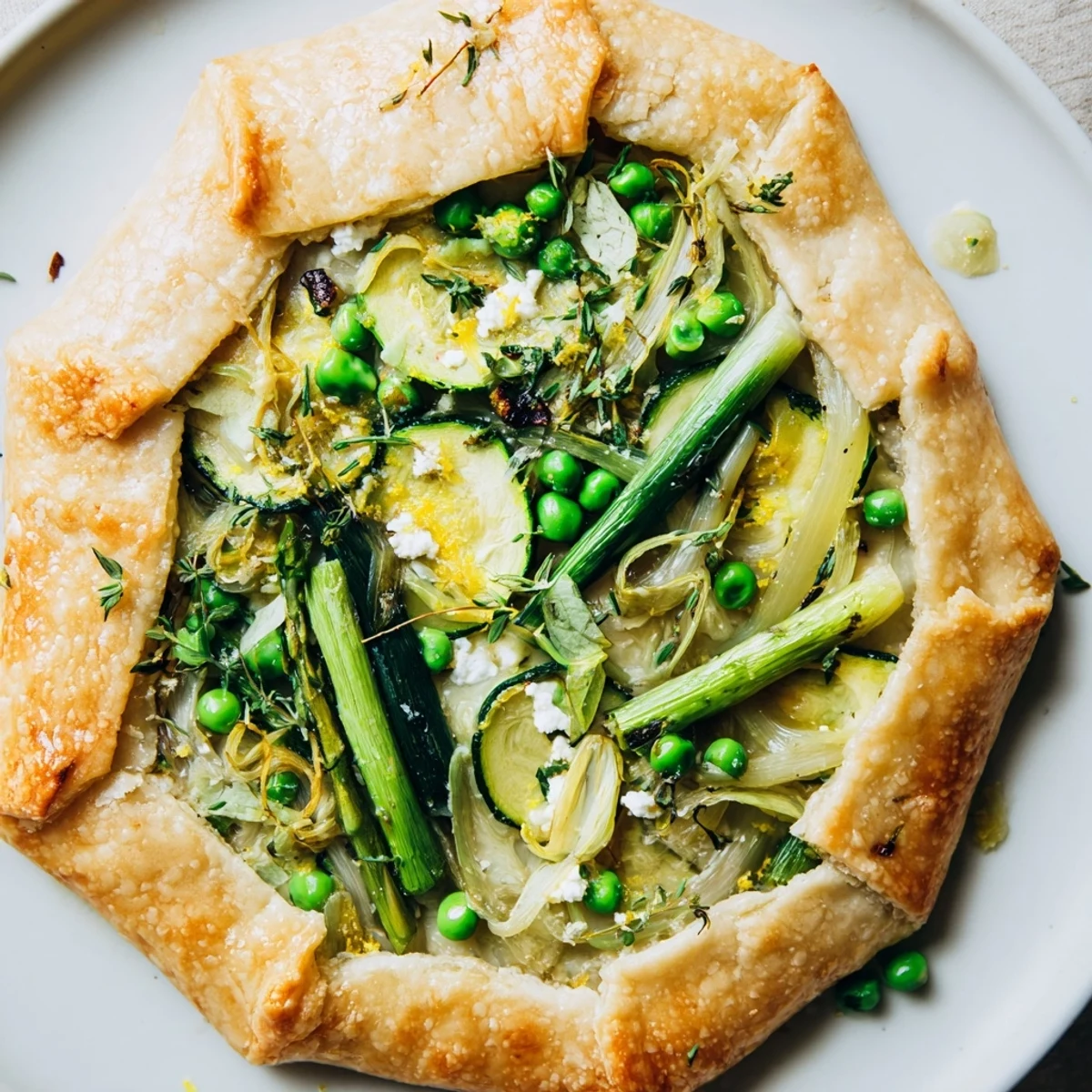 Freshly baked Spring Vegetable Galette with goat cheese showcases golden, flaky pastry and tender spring vegetables on a rustic wooden board.