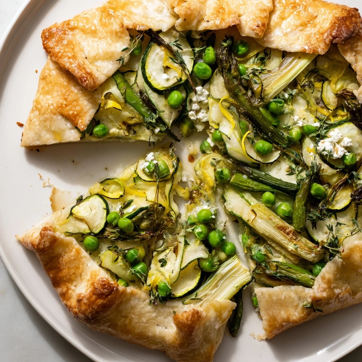 A warm slice of Spring Vegetable Galette reveals creamy goat cheese and vibrant asparagus, perfect for a sunny brunch spread.