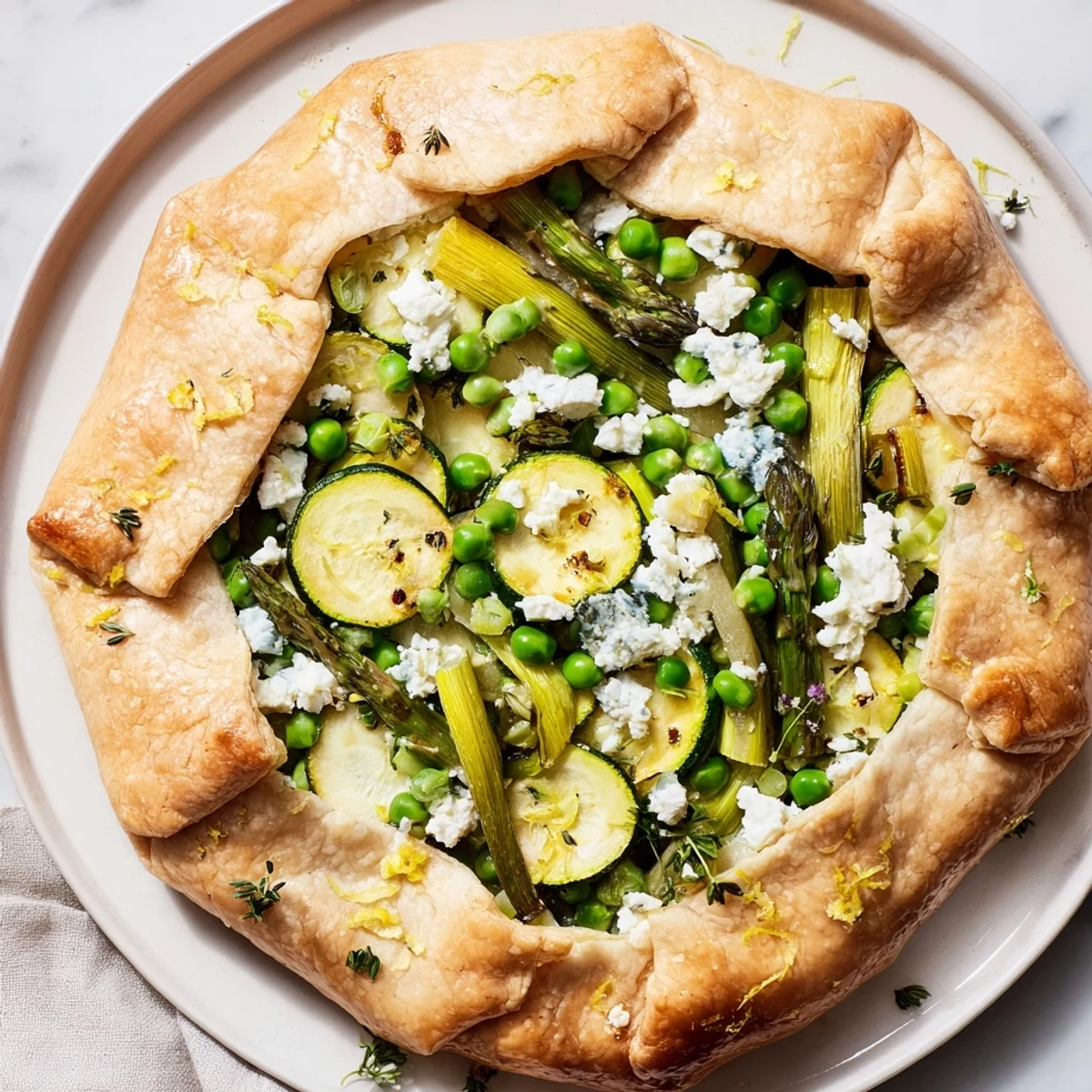 Close-up of a Spring Vegetable Galette with goat cheese, baked until golden and served with a crisp green salad on the side.