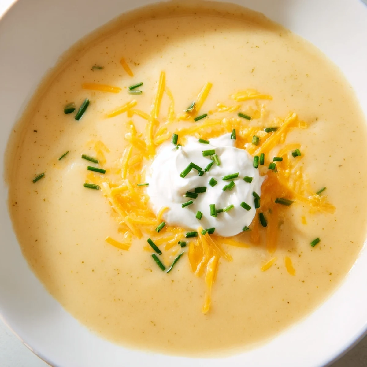 A steaming bowl of Creamy Potato Soup with Chives and Cheese garnished with fresh chives and extra grated cheddar.