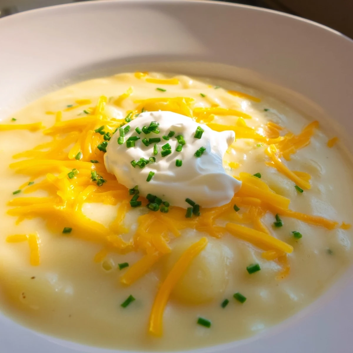 Velvety Creamy Potato Soup with Chives and Cheese topped with a dollop of sour cream and fresh chives.