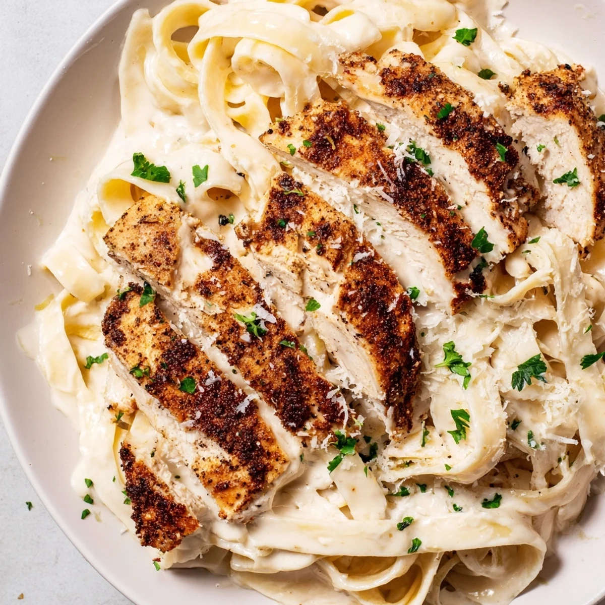 Sliced blackened chicken rests on a bed of creamy fettuccine Alfredo, garnished with fresh parsley in this Cajun Blackened Chicken Alfredo Pasta dish.