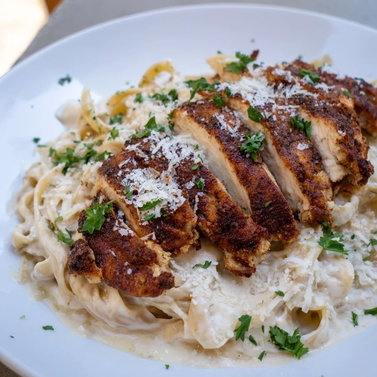 A close-up view shows twirled pasta coated in rich Alfredo sauce topped with spiced Cajun Blackened Chicken Alfredo Pasta for a hearty dinner.