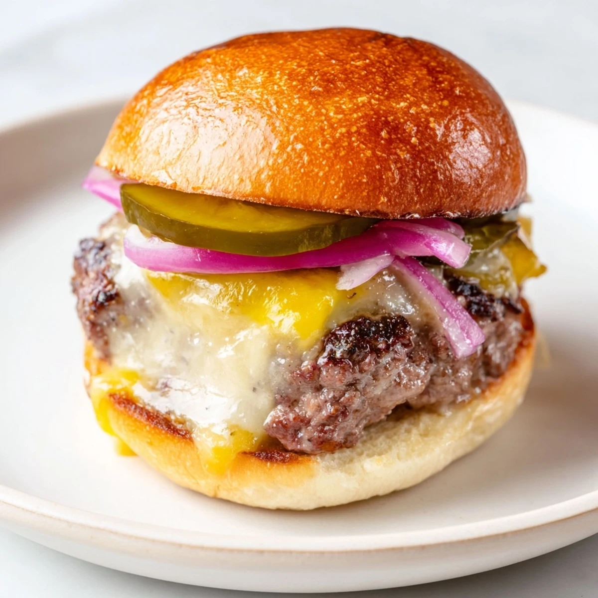 Sizzling mini beef burgers topped with cheddar and pickles on soft slider buns.