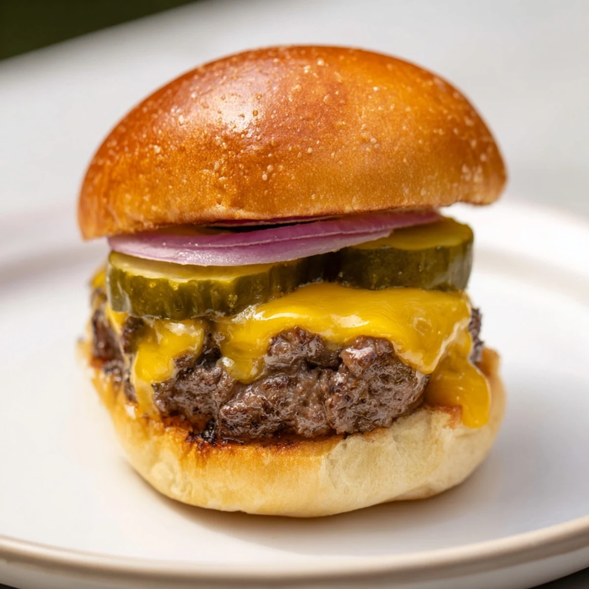 Juicy American beef sliders with cheese and pickles served warm on a platter.