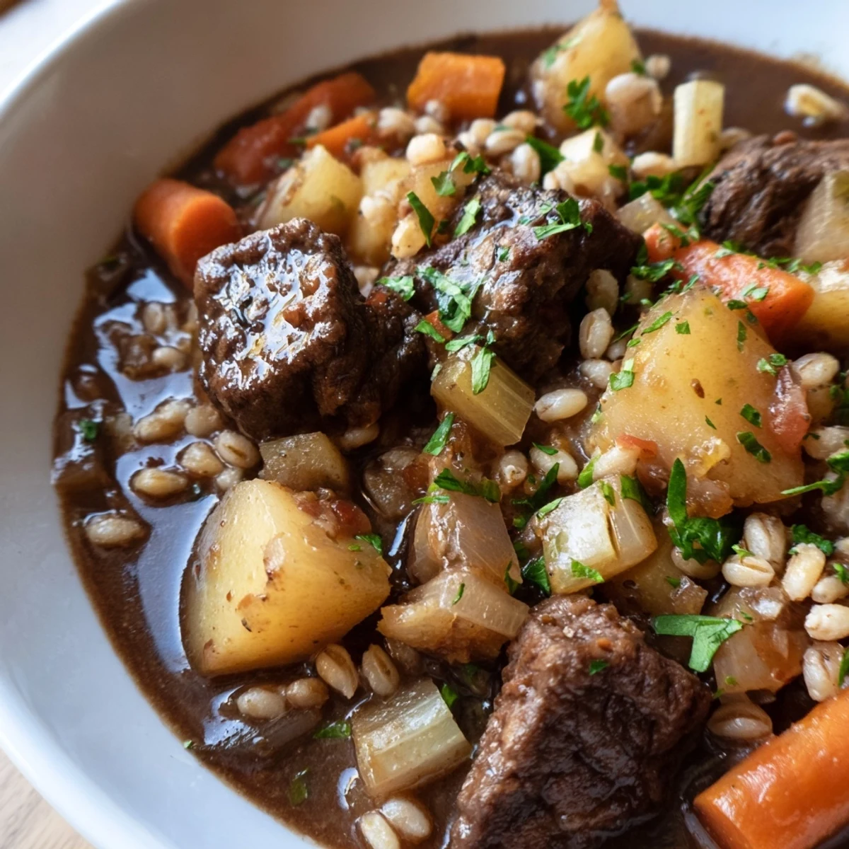 Steaming bowl of Irish Beef and Vegetable Stew with Barley, loaded with tender beef chunks and root vegetables.