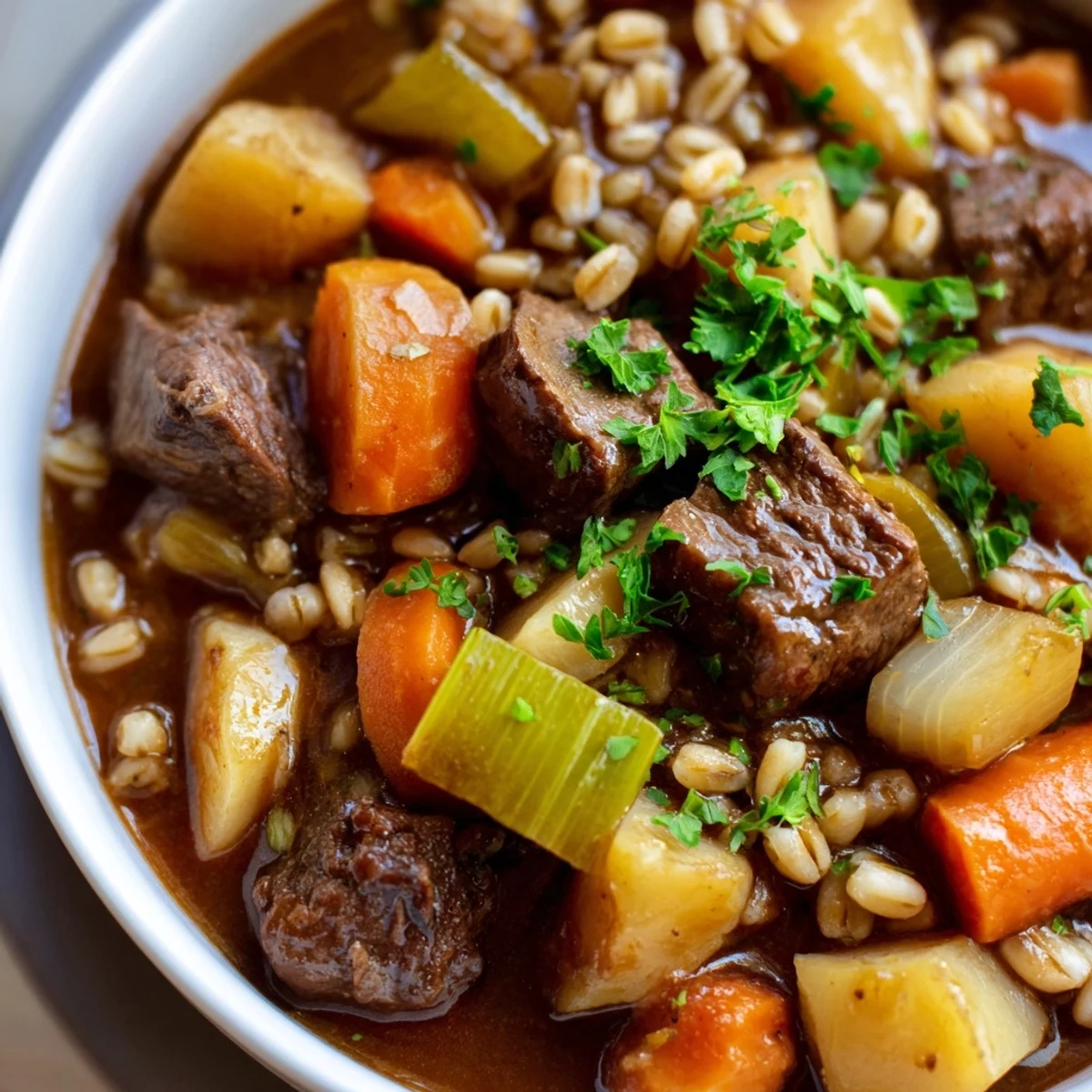 Irish Beef and Vegetable Stew with Barley served in a rustic bowl, garnished with fresh parsley and crusty bread.