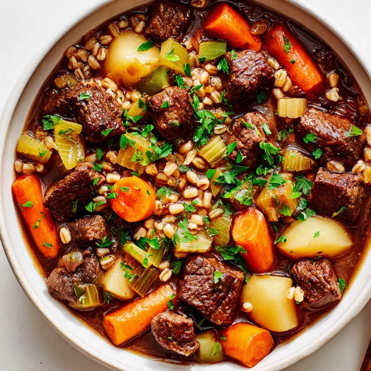 Close-up view of Irish Beef and Vegetable Stew with Barley featuring rich broth, barley, carrots, and parsnips.