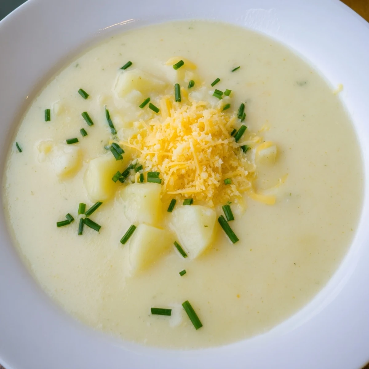 A steaming bowl of Creamy Potato Soup with Chives and Cheese, topped with sharp cheddar and fresh green herbs, perfect for a cozy meal.  