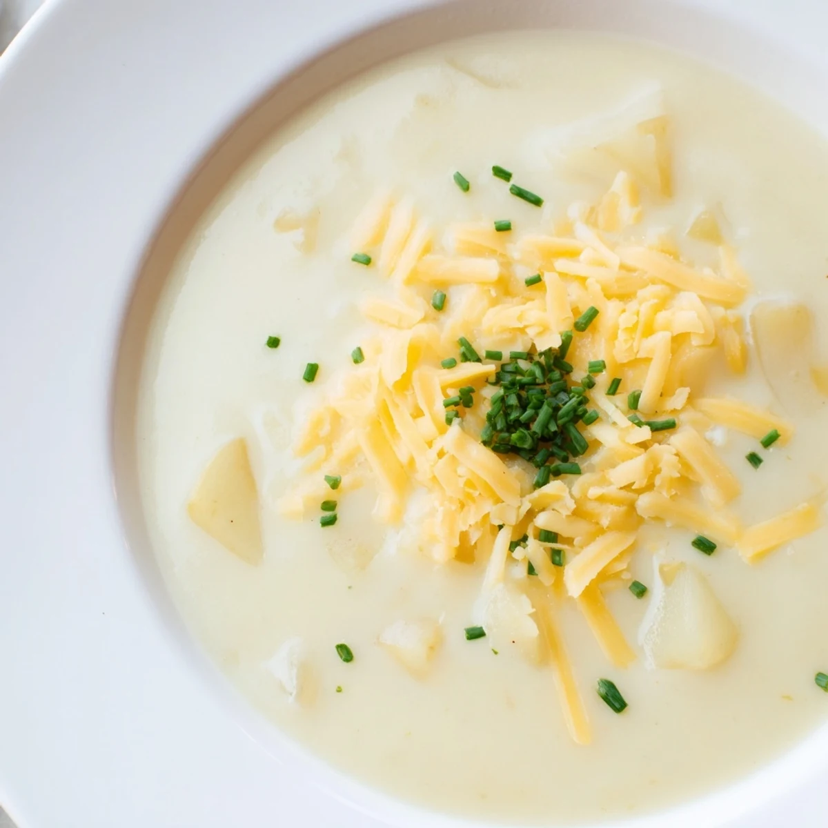 Creamy Potato Soup with Chives and Cheese served in a rustic mug, garnished with melted cheddar and chives, ideal for a warming dinner.  