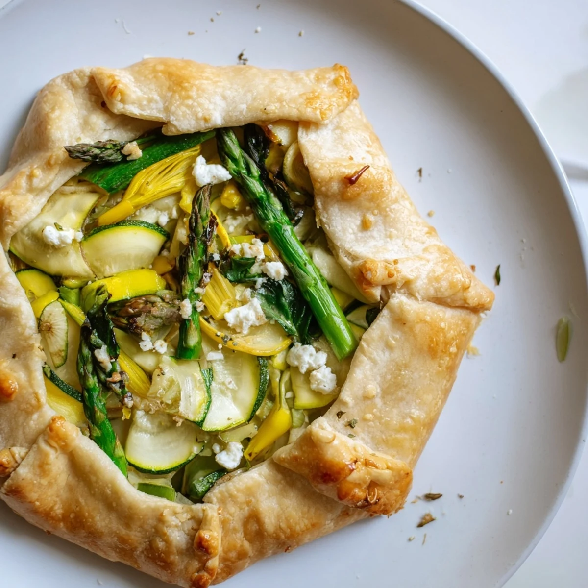 Rustic Spring Vegetable Galette with goat cheese served warm with a crisp white wine on a sunny patio table.
