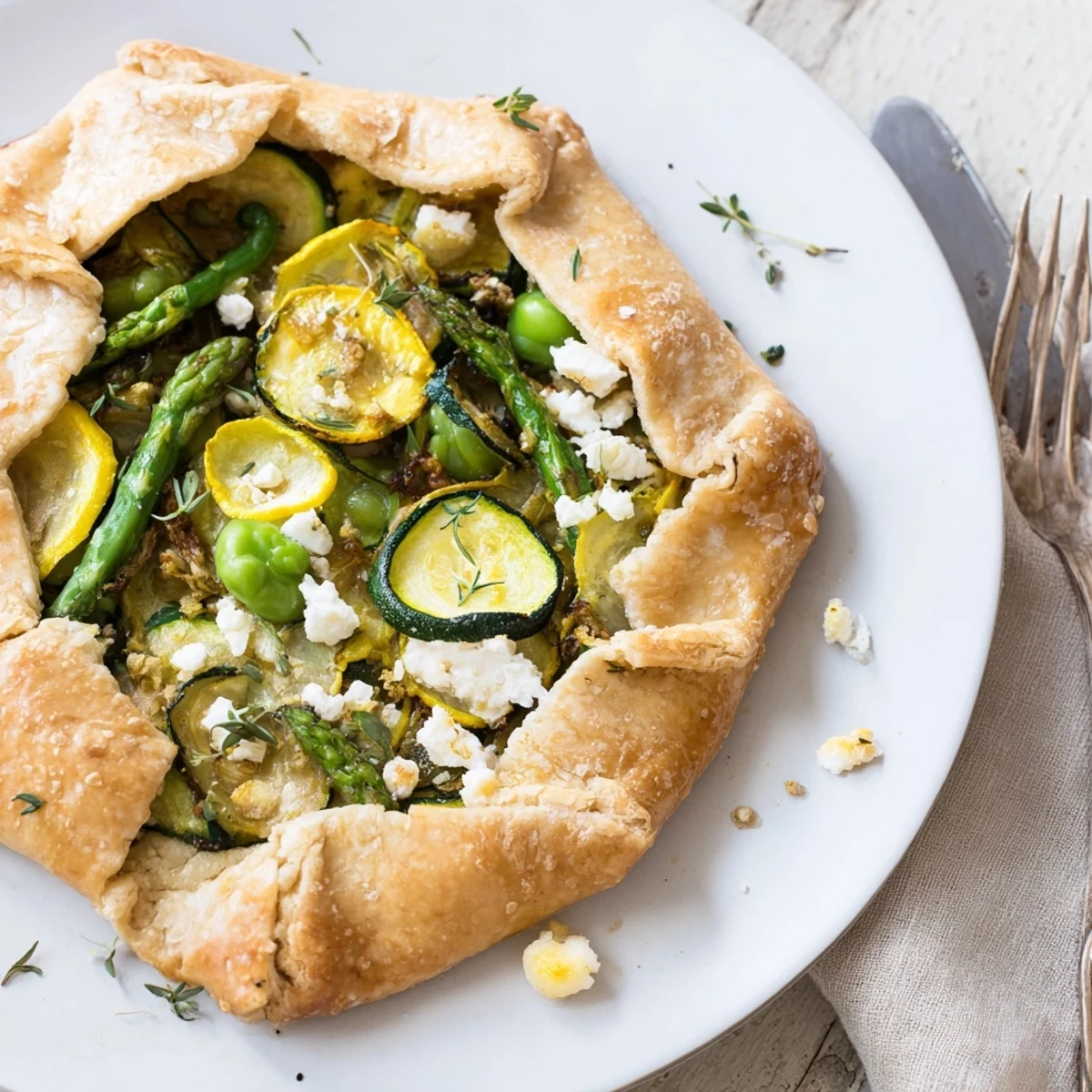 Savory Spring Vegetable Galette showcases flaky pastry, caramelized onions, and fresh thyme, perfect for a light vegetarian lunch.