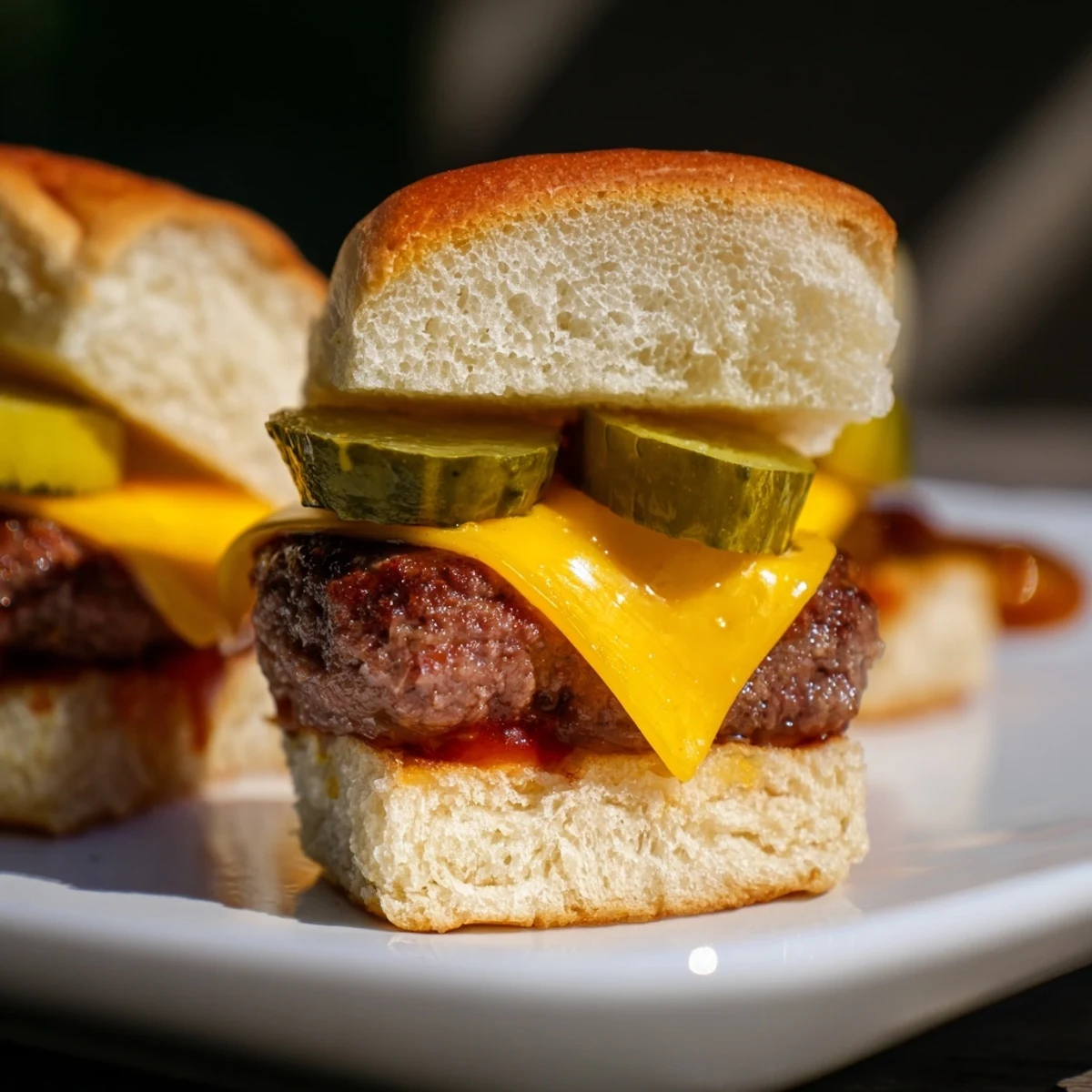 Topped with crisp pickles and melty cheddar, these juicy beef sliders sit ready for game day on a platter.