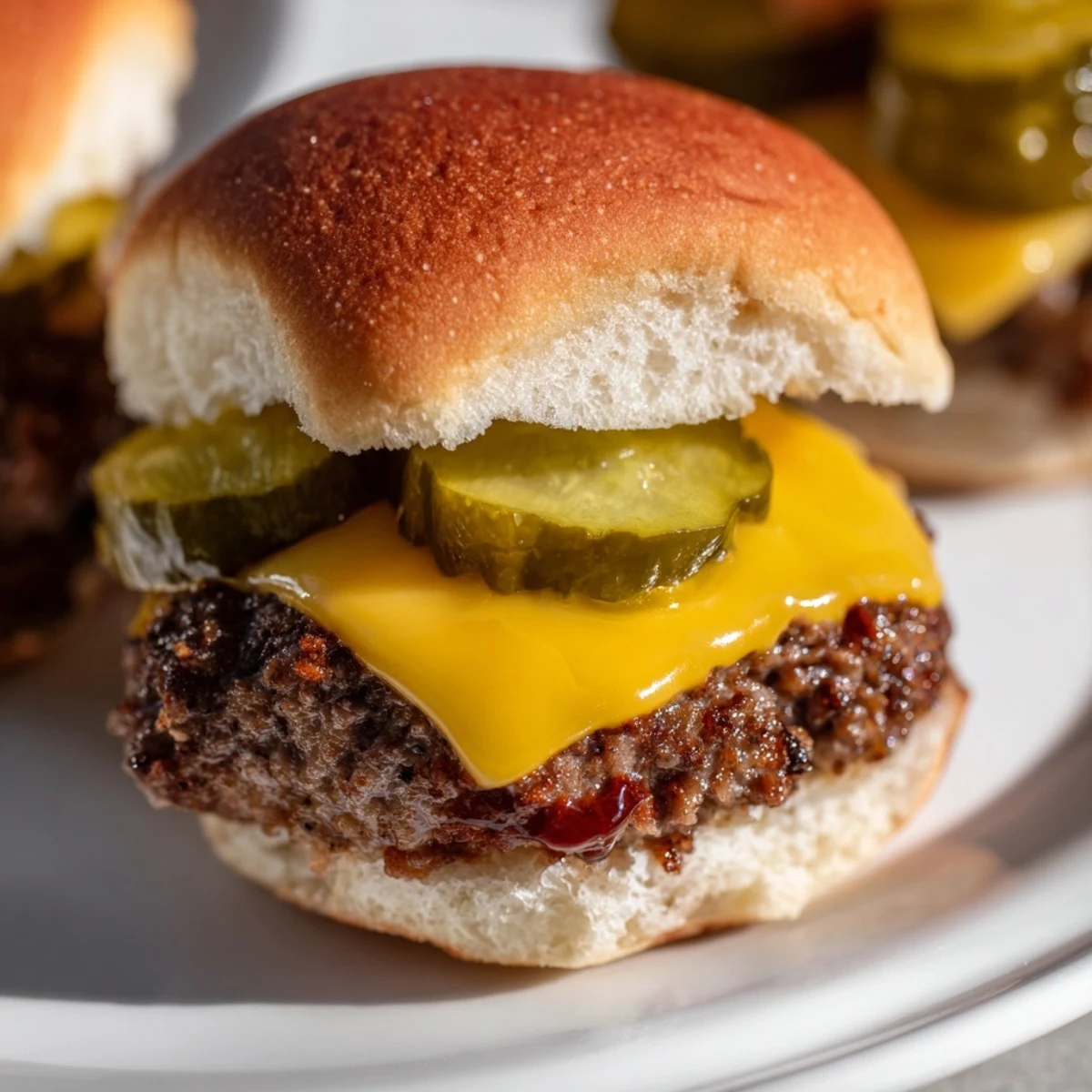 Golden, melted cheddar blankets each mini beef patty on a toasted bun, with bright dill pickle slices adding crunch.