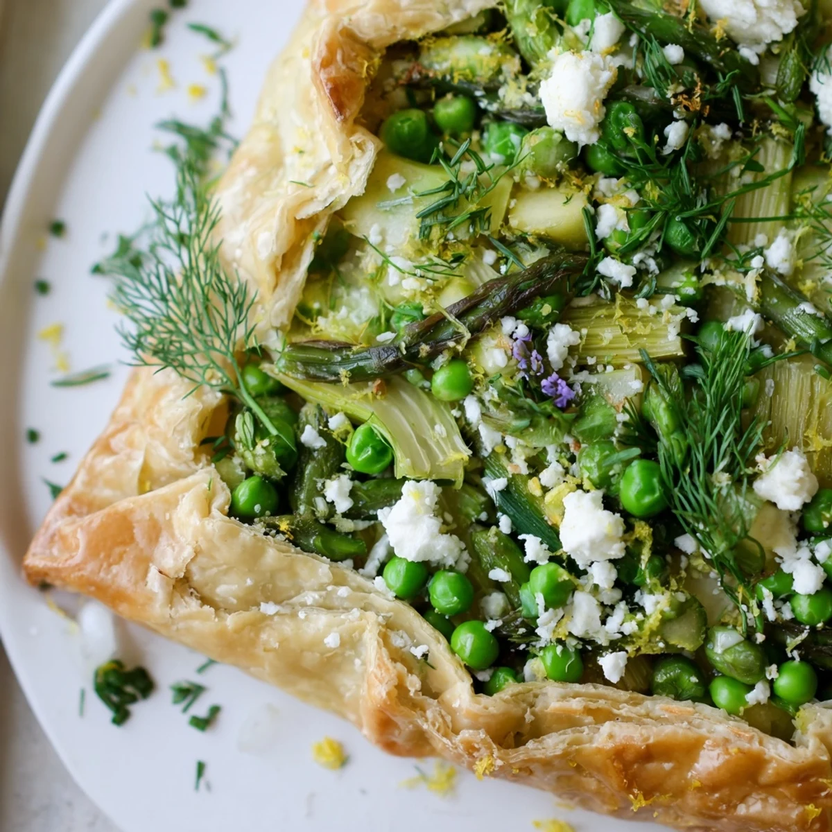An overhead view of a Spring Vegetable Galette with Goat Cheese, revealing the crumbled goat cheese and vibrant green vegetables inside the free-form tart.