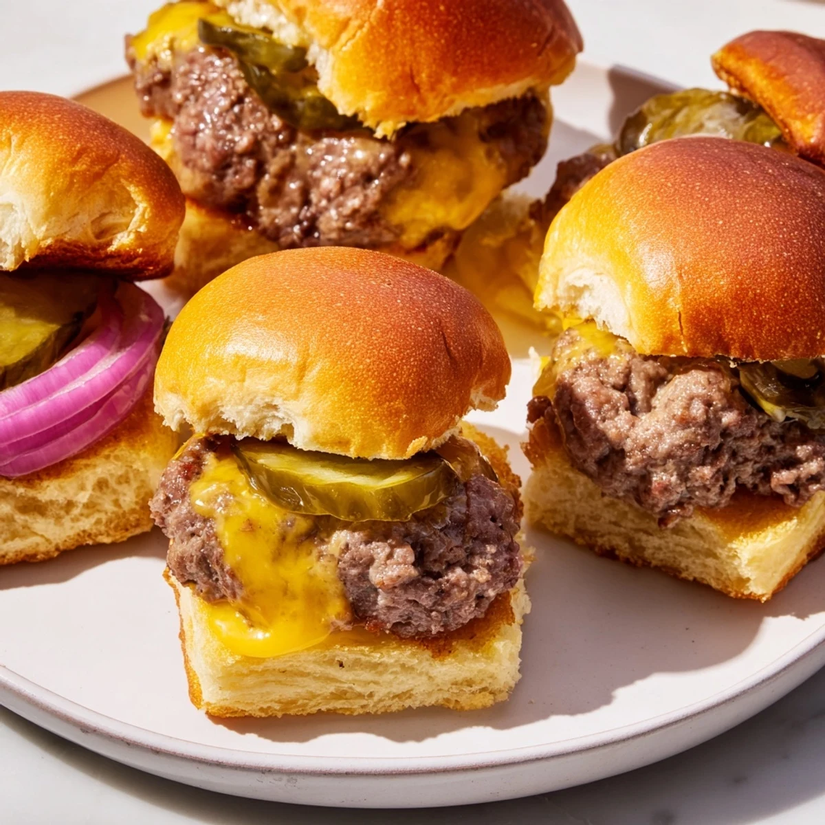 Sizzling Beef Sliders with Cheese and Pickles on a plate, with melted cheddar oozing over juicy patties and tangy dill pickles nestled on soft toasted buns.