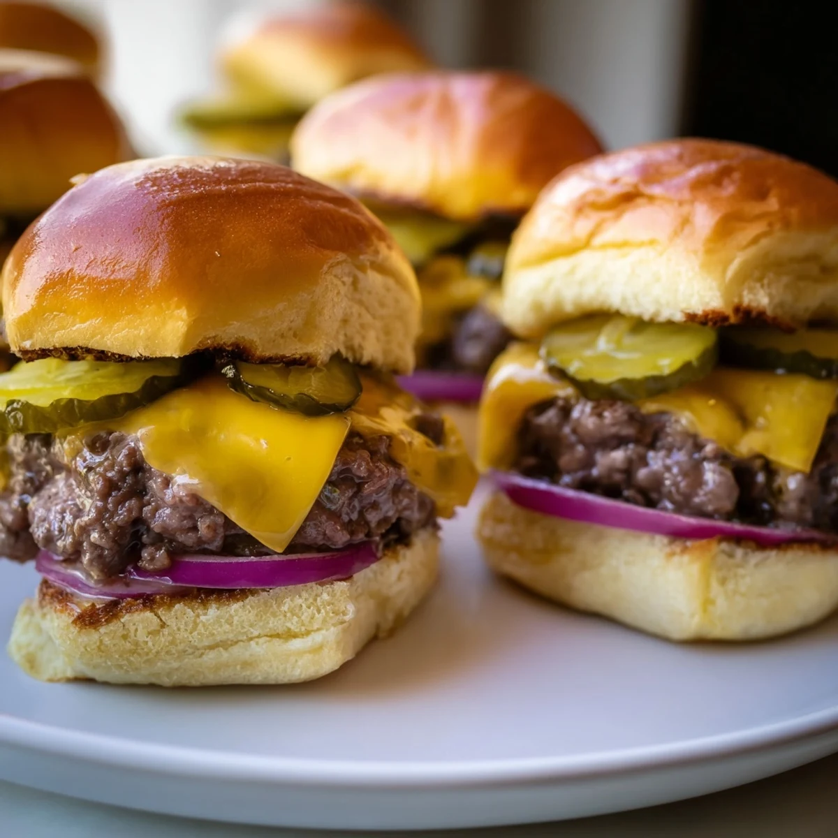 Freshly assembled Beef Sliders with Cheese and Pickles stacked on a wooden board, ready to be enjoyed at a party with napkins and condiments nearby.