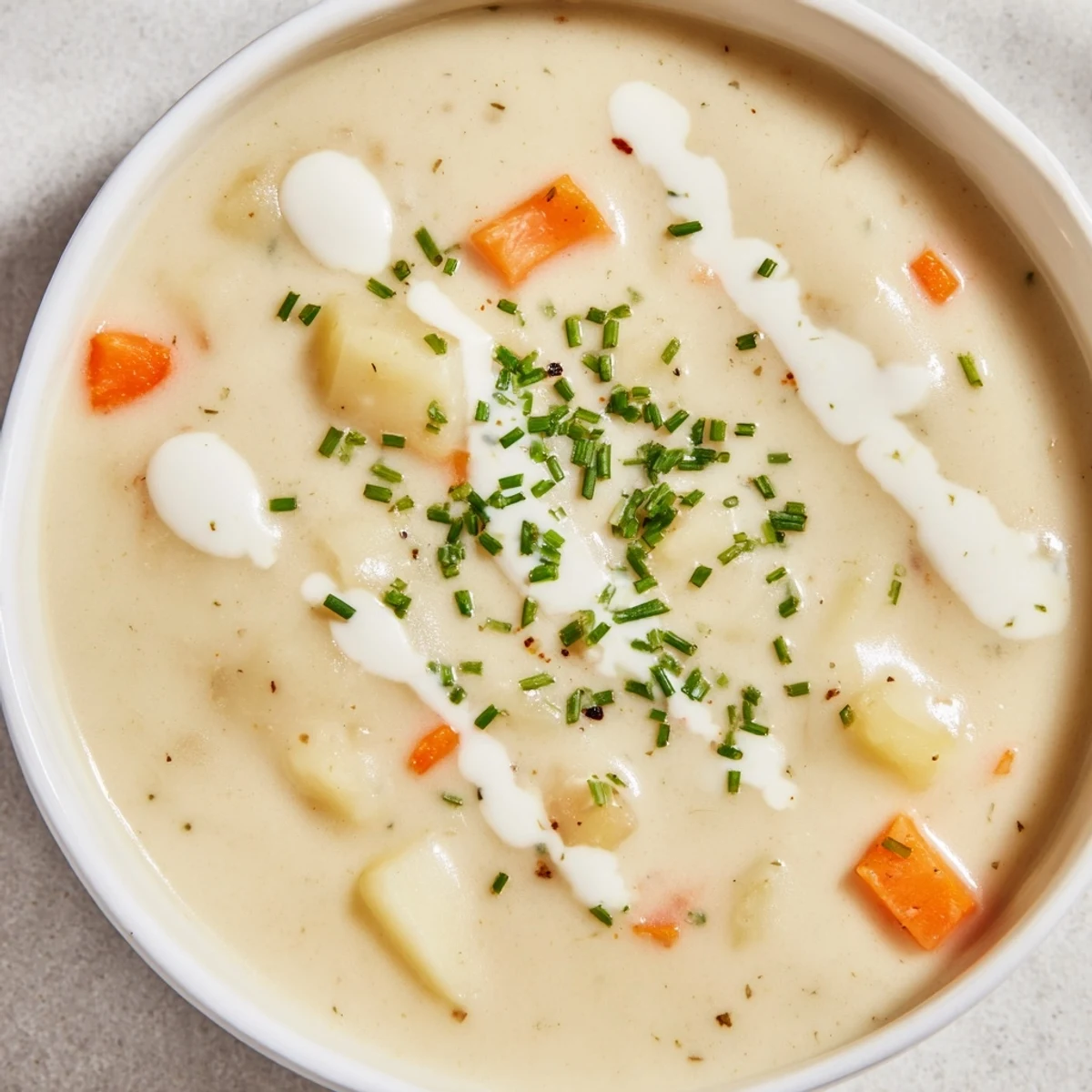 A close-up of creamy potato soup with chives in a rustic bowl, a spoon dipping in, steam rising for a comforting cozy meal.