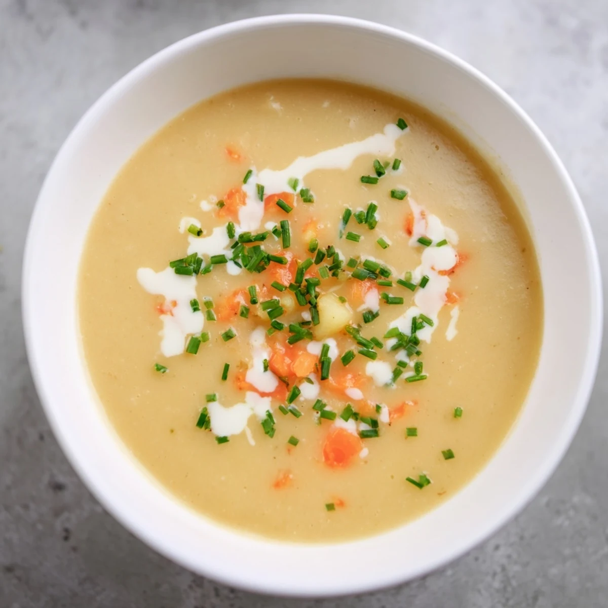 A rustic ceramic bowl filled with velvety Creamy Potato Soup with Chives, garnished with herbs, served beside crusty artisan bread for dipping.